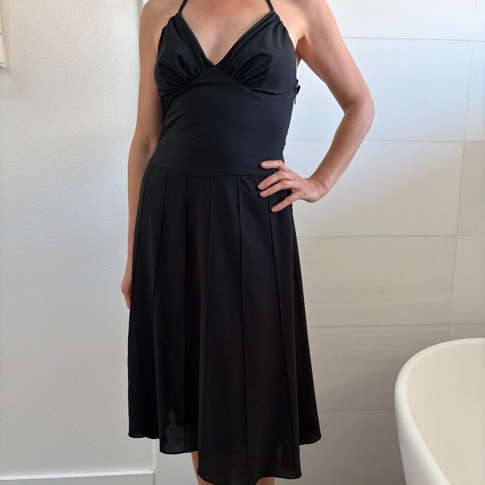 Betsey Johnson Black Halter Midi Dress Size 10 | Backless Pleated Skirt